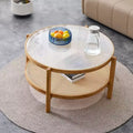TUYOHW Rustic 2-Tier Coffee Table with Glass Top,Round Rattan Woven Side Table,31.5 Oriental Style Low Table for Living Room