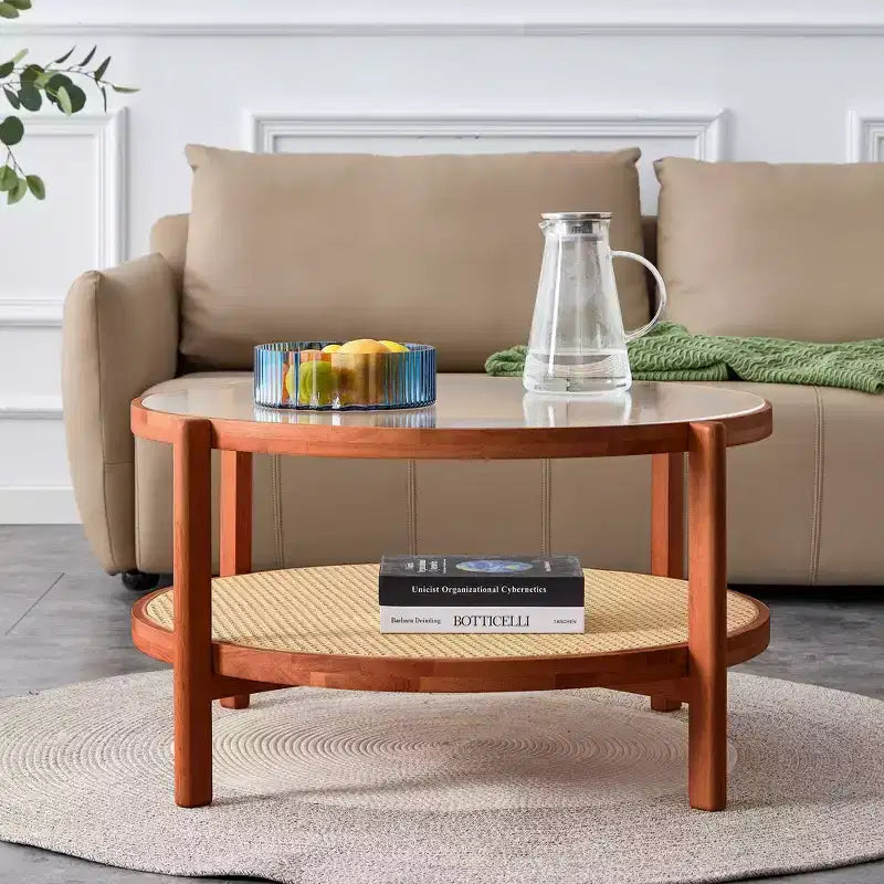 TUYOHW Tavolino da caffè rustico a 2 ripiani con piano in vetro, tavolino rotondo in rattan intrecciato, tavolino basso in stile orientale da 80 cm per soggiorno