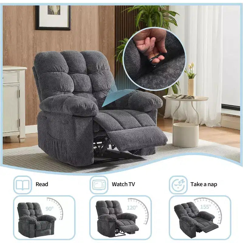 Poltrona reclinabile manuale Acekool grigia, divano ergonomico in tessuto imbottito con tasca laterale, telaio in acciaio Q235 per soggiorno