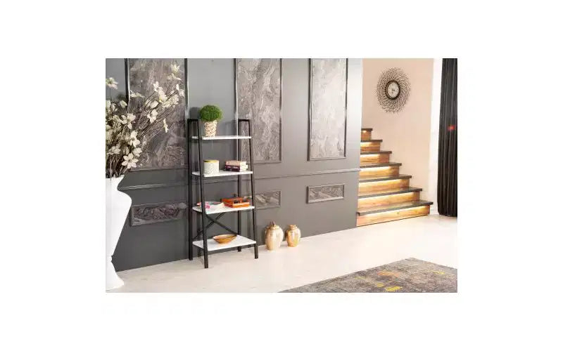 TUYOHW Libreria Moderna a Scala a 4 Livelli, Scaffale Aperto, Scaffali per Libri in Legno, Librerie con Struttura in Metallo per Piccoli Spazi, Soggiorno, Ufficio