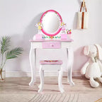 AEELLEEA Kids Vanity Set Floral Printed Wooden Makeup Dressing Princess Table with Mirror and Stool for Role Playing Pink