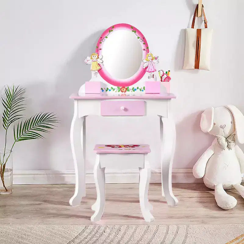 AEELLEEA Kids Vanity Set Floral Printed Wooden Makeup Dressing Princess Table with Mirror and Stool for Role Playing Pink