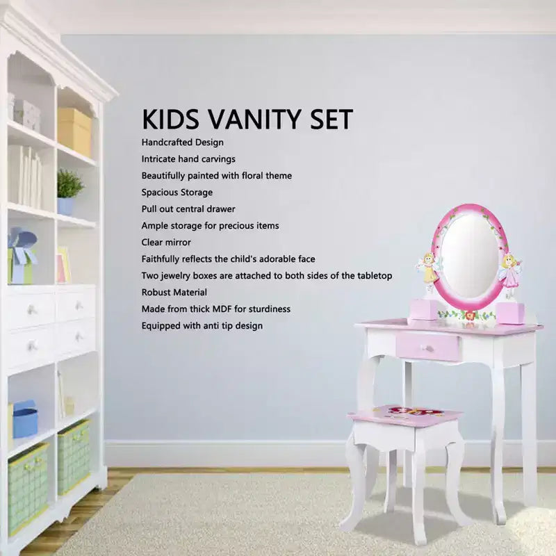AEELLEEA Set toeletta per bambini con stampa floreale, in legno, tavolo da trucco principessa con specchio e sgabello per giochi di ruolo, rosa