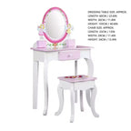 AEELLEEA Set toeletta per bambini con stampa floreale, in legno, tavolo da trucco principessa con specchio e sgabello per giochi di ruolo, rosa