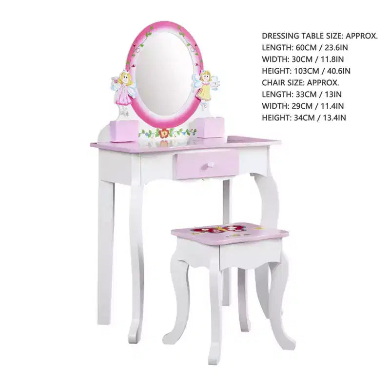AEELLEEA Set toeletta per bambini con stampa floreale, in legno, tavolo da trucco principessa con specchio e sgabello per giochi di ruolo, rosa