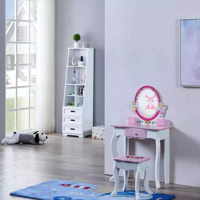 AEELLEEA Set toeletta per bambini con stampa floreale, in legno, tavolo da trucco principessa con specchio e sgabello per giochi di ruolo, rosa