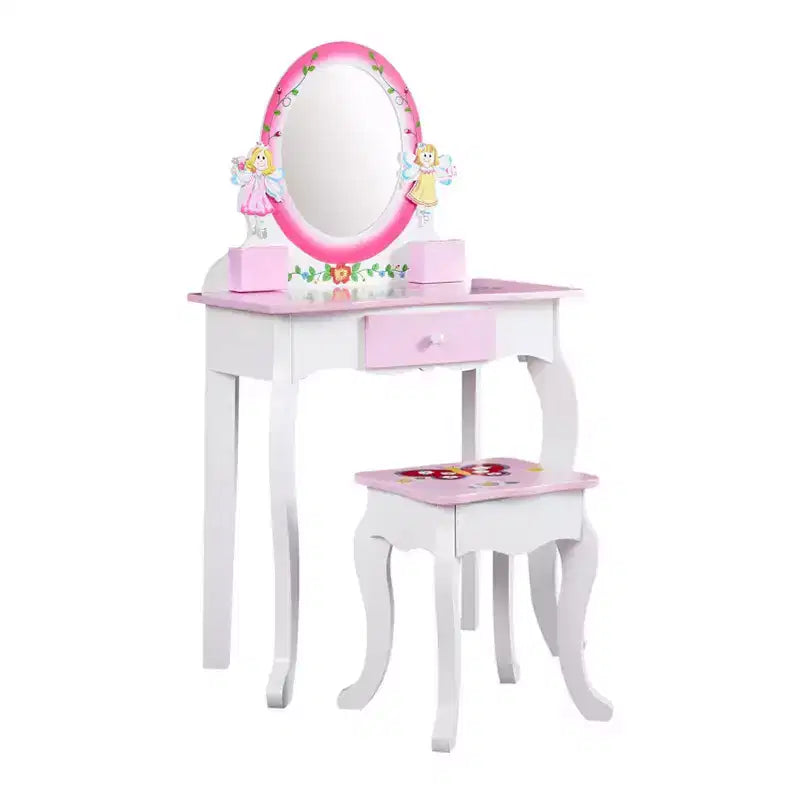 AEELLEEA Set toeletta per bambini con stampa floreale, in legno, tavolo da trucco principessa con specchio e sgabello per giochi di ruolo, rosa