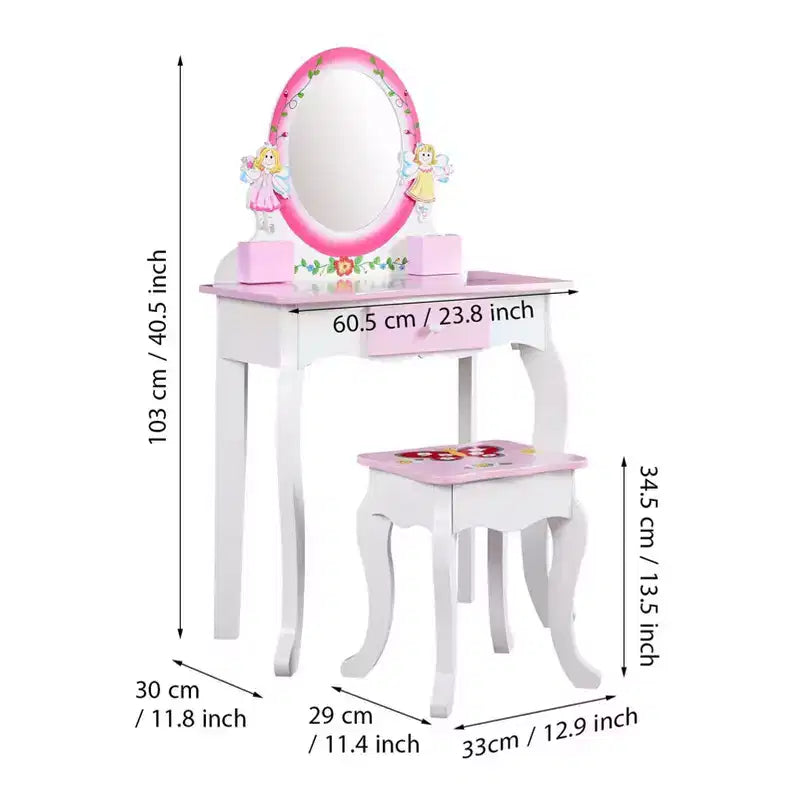 AEELLEEA Set toeletta per bambini con stampa floreale, in legno, tavolo da trucco principessa con specchio e sgabello per giochi di ruolo, rosa