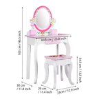 AEELLEEA Set toeletta per bambini con stampa floreale, in legno, tavolo da trucco principessa con specchio e sgabello per giochi di ruolo, rosa