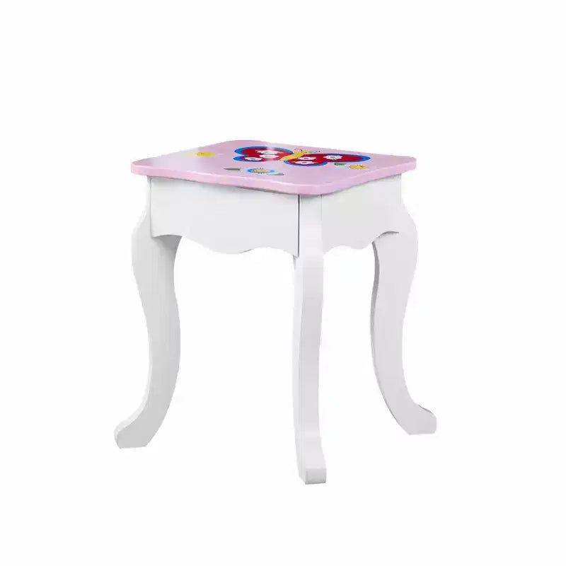 AEELLEEA Set toeletta per bambini con stampa floreale, in legno, tavolo da trucco principessa con specchio e sgabello per giochi di ruolo, rosa