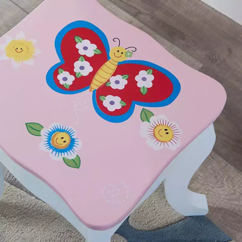 AEELLEEA Set toeletta per bambini con stampa floreale, in legno, tavolo da trucco principessa con specchio e sgabello per giochi di ruolo, rosa