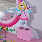 AEELLEEA Set toeletta per bambini con stampa floreale, in legno, tavolo da trucco principessa con specchio e sgabello per giochi di ruolo, rosa