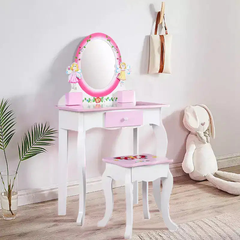 AEELLEEA Set toeletta per bambini con stampa floreale, in legno, tavolo da trucco principessa con specchio e sgabello per giochi di ruolo, rosa