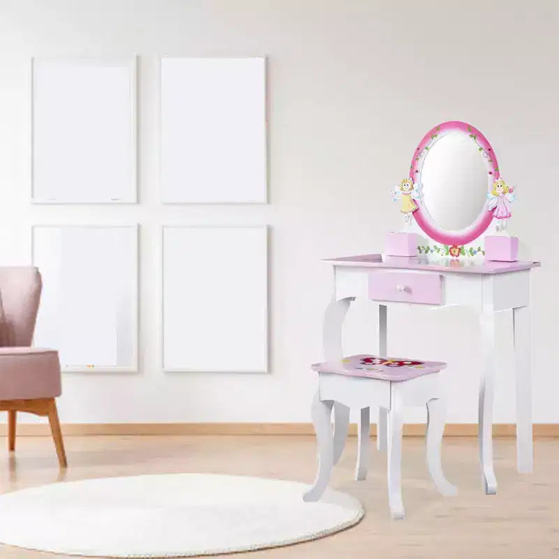 AEELLEEA Set toeletta per bambini con stampa floreale, in legno, tavolo da trucco principessa con specchio e sgabello per giochi di ruolo, rosa