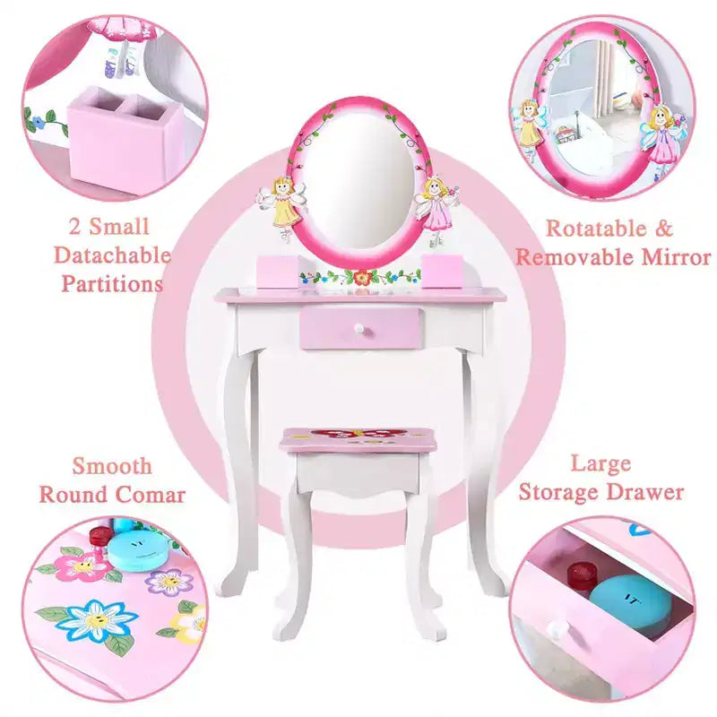 AEELLEEA Set toeletta per bambini con stampa floreale, in legno, tavolo da trucco principessa con specchio e sgabello per giochi di ruolo, rosa