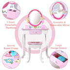AEELLEEA Set toeletta per bambini con stampa floreale, in legno, tavolo da trucco principessa con specchio e sgabello per giochi di ruolo, rosa