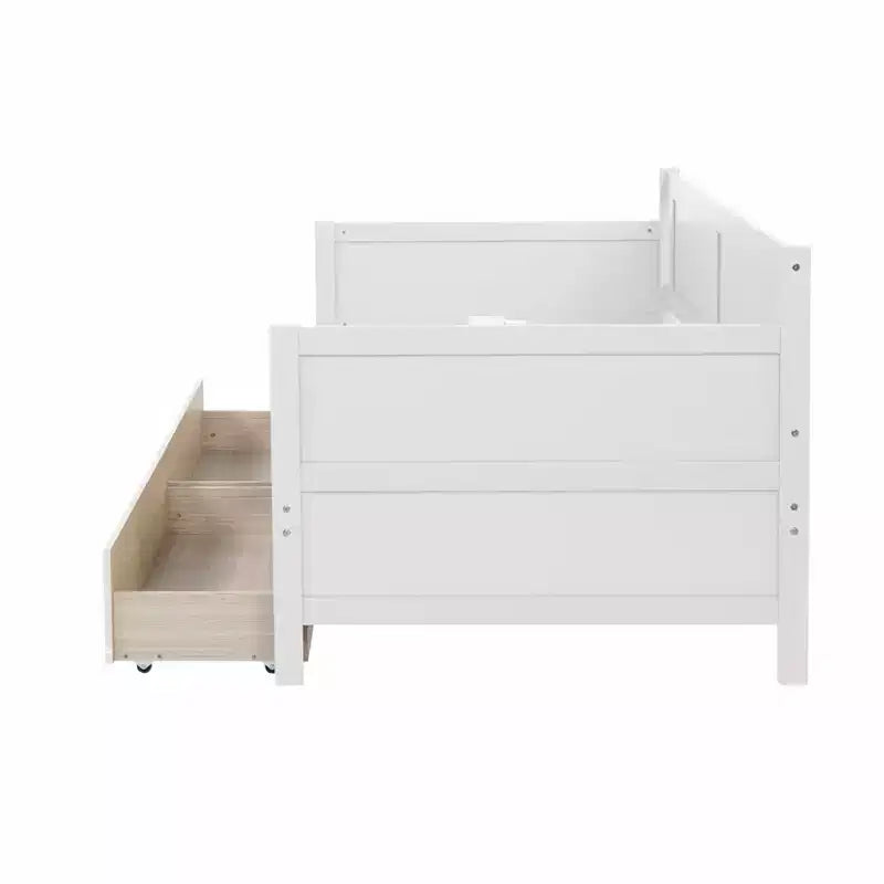 Bellemave Lettino singolo con 2 cassetti portaoggetti, divano letto in legno massello di pino, design salvaspazio per camera da letto o soggiorno, bianco