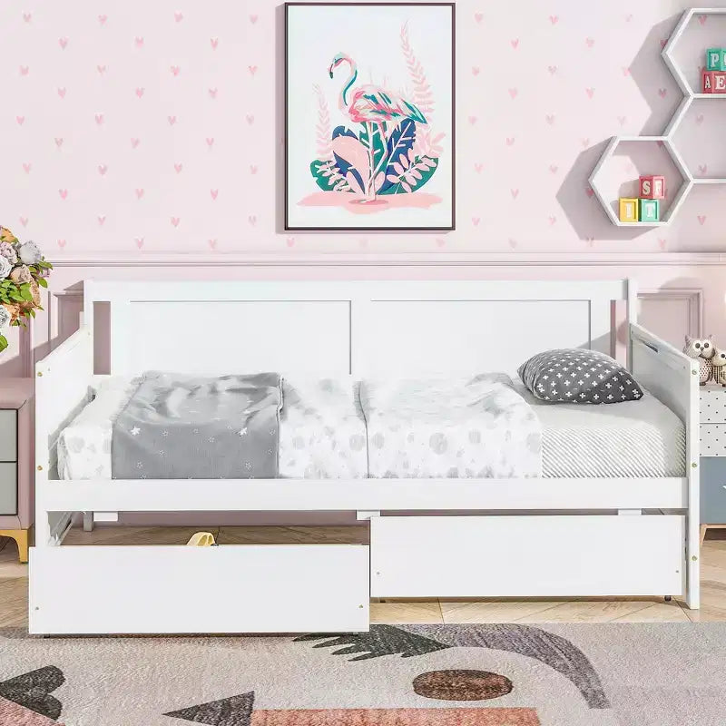 Bellemave Lettino singolo con 2 cassetti portaoggetti, divano letto in legno massello di pino, design salvaspazio per camera da letto o soggiorno, bianco