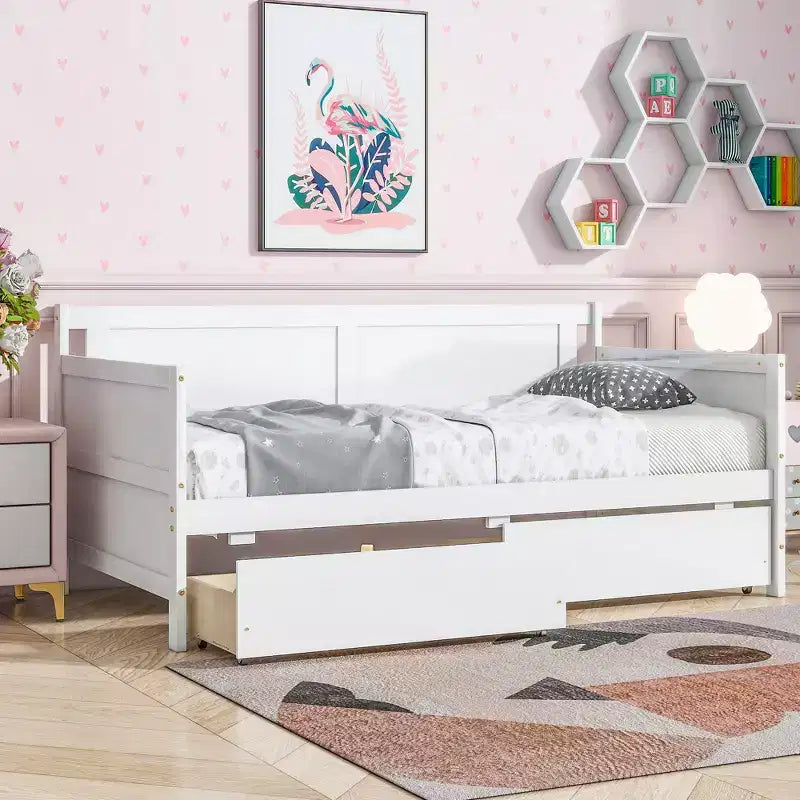 Bellemave Lettino singolo con 2 cassetti portaoggetti, divano letto in legno massello di pino, design salvaspazio per camera da letto o soggiorno, bianco