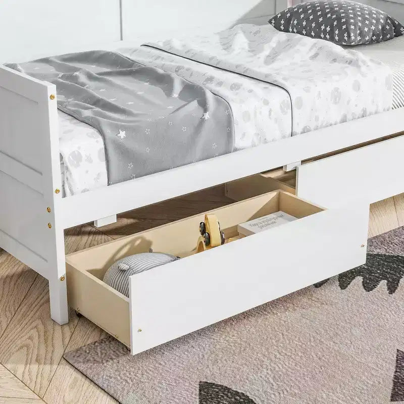Bellemave Lettino singolo con 2 cassetti portaoggetti, divano letto in legno massello di pino, design salvaspazio per camera da letto o soggiorno, bianco