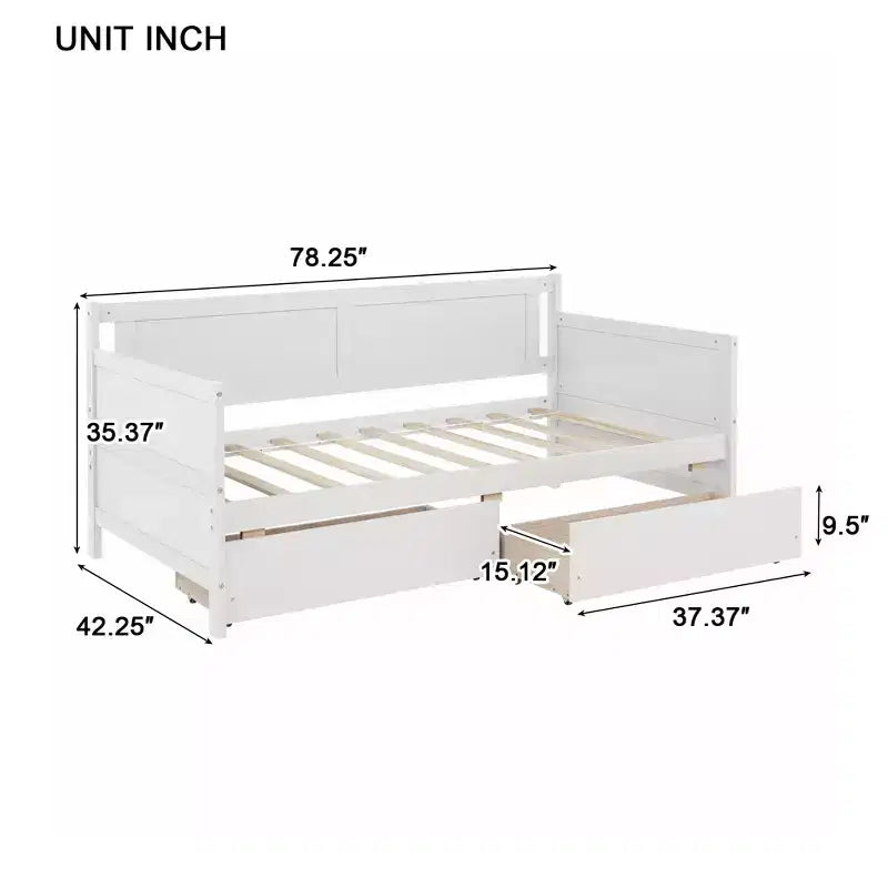 Bellemave Lettino singolo con 2 cassetti portaoggetti, divano letto in legno massello di pino, design salvaspazio per camera da letto o soggiorno, bianco