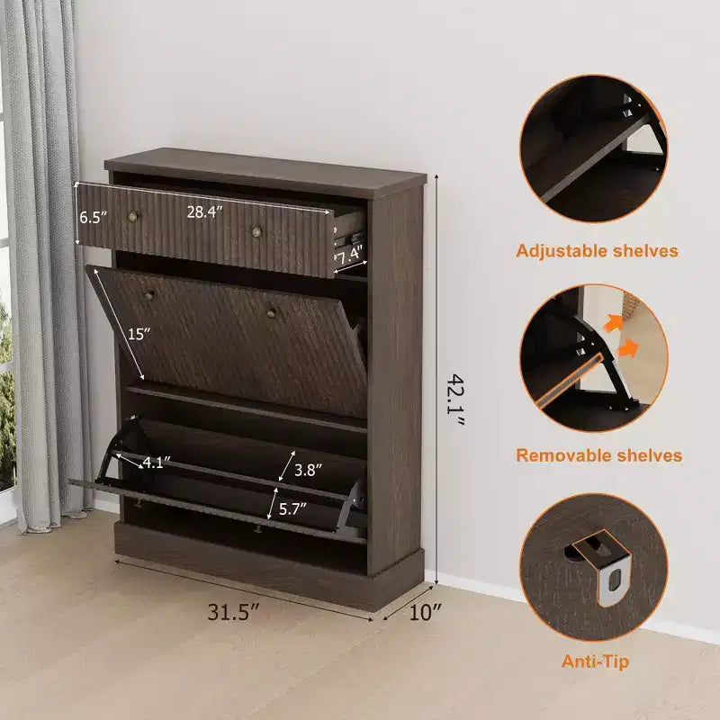 Scarpiera con 2 cassetti a ribalta, scarpiera in legno scanalato nascosta con 1 cassetto superiore, scarpiera stretta autoportante per corridoio,