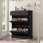 Shoe Storage Cabinet With 2 Flip Drawers, Hidden Wooden Fluted Shoe Cabinet with 1 Top Drawer, Freestanding Narrow Shoe Organizer For Hallway,