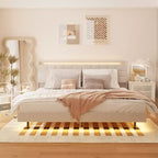 Floating Bed Frame With Charging Station, Upholstered Platform Bed Frame With Headboard and Hidden Storage Space, Beige