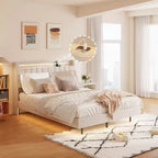 Struttura Letto Fluttuante con Stazione di Ricarica, Struttura Letto Imbottita con Testiera e Spazio Nascosto, Beige