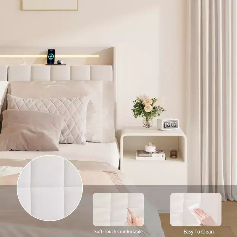 Struttura Letto Fluttuante con Stazione di Ricarica, Struttura Letto Imbottita con Testiera e Spazio Nascosto, Beige