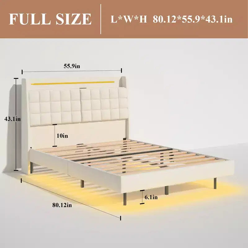 Struttura Letto Fluttuante con Stazione di Ricarica, Struttura Letto Imbottita con Testiera e Spazio Nascosto, Beige