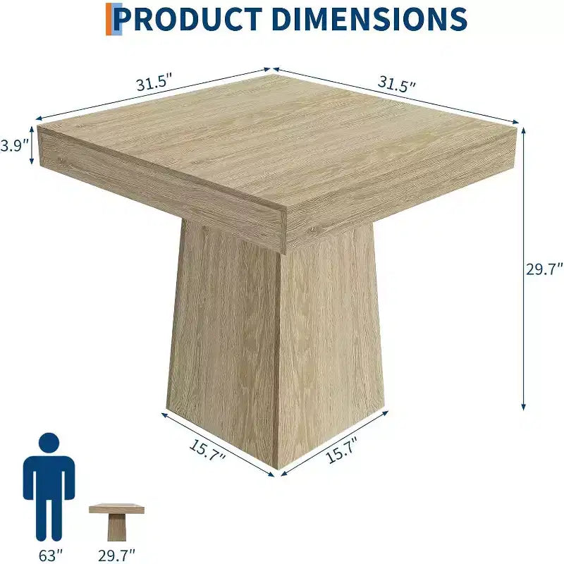 Tavolo da pranzo quadrato, Tavolo da pranzo stile rustico, Tavoli piccoli per sala da pranzo, Tavoli da cucina in legno con base a piedistallo per cucina, salotto