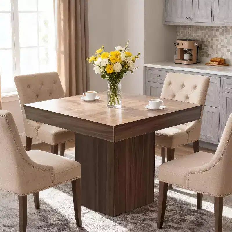 Tavolo da pranzo quadrato, Tavolo da pranzo stile rustico, Tavoli piccoli per sala da pranzo, Tavoli da cucina in legno con base a piedistallo per cucina, salotto