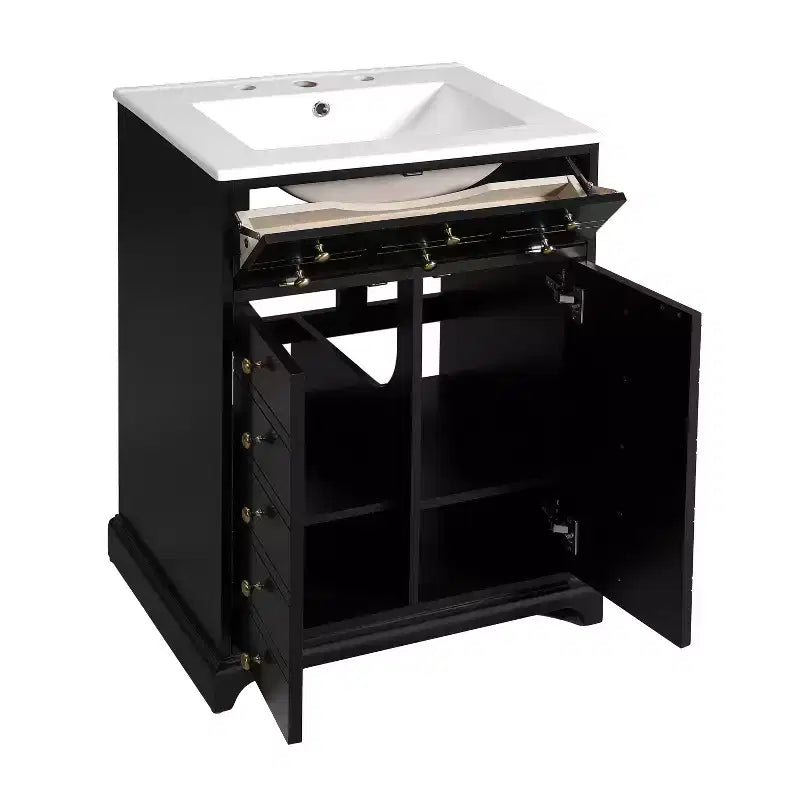 Mobiletto sottolavabo da bagno piccolo da 60 cm, Mobile bagno con ante ammortizzate, Lavabo singolo, Nero