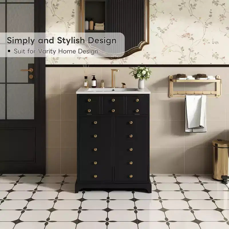 Mobiletto sottolavabo da bagno piccolo da 60 cm, Mobile bagno con ante ammortizzate, Lavabo singolo, Nero