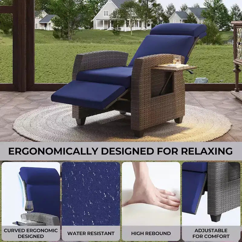 Poltrona reclinabile da patio COZONY, schienale e poggiapiedi regolabili in vimini PE resistente alle intemperie con tavolino a scomparsa e pompa d'aria