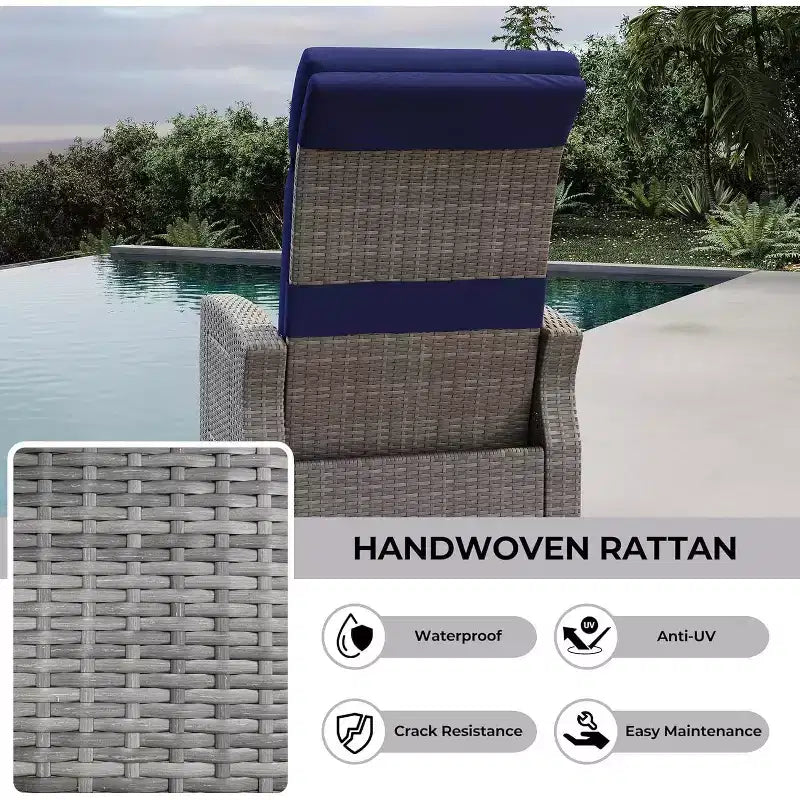 Poltrona reclinabile da patio COZONY, schienale e poggiapiedi regolabili in vimini PE resistente alle intemperie con tavolino a scomparsa e pompa d'aria