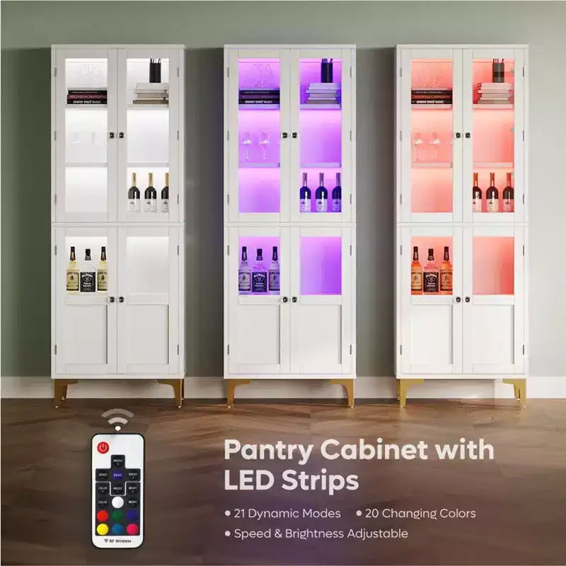 Bestier 65 Armadietto Alto con Ripiani Regolabili, Dispensa a LED con 4 Ante, Vetrine da Cucina e per Esposizione d'Arte per Soggiorno e Camera da Letto