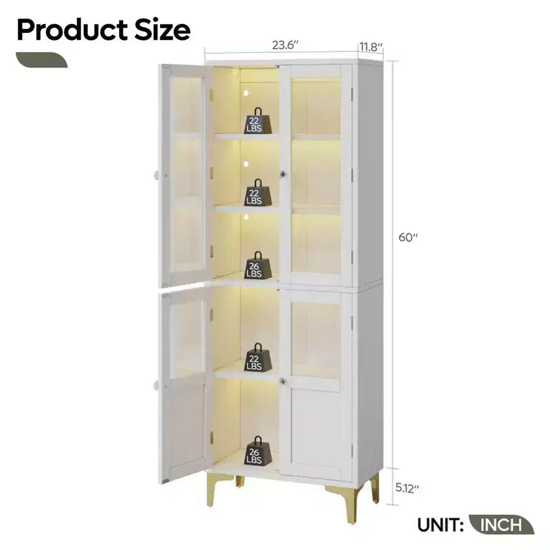 Bestier 65 Armadietto Alto con Ripiani Regolabili, Dispensa a LED con 4 Ante, Vetrine da Cucina e per Esposizione d'Arte per Soggiorno e Camera da Letto