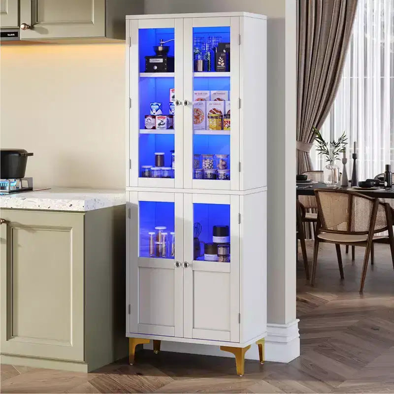 Bestier 65 Armadietto Alto con Ripiani Regolabili, Dispensa a LED con 4 Ante, Vetrine da Cucina e per Esposizione d'Arte per Soggiorno e Camera da Letto