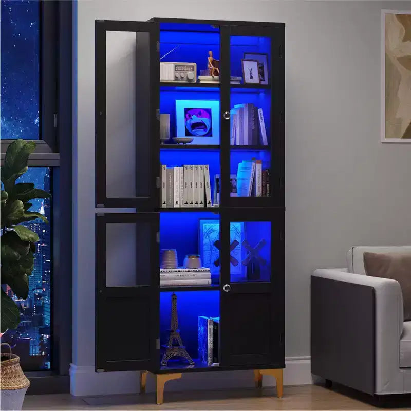 Bestier 65 Armadietto Alto con Ripiani Regolabili, Dispensa a LED con 4 Ante, Vetrine da Cucina e per Esposizione d'Arte per Soggiorno e Camera da Letto