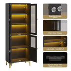 Bestier 65 Armadietto Alto con Ripiani Regolabili, Dispensa a LED con 4 Ante, Vetrine da Cucina e per Esposizione d'Arte per Soggiorno e Camera da Letto