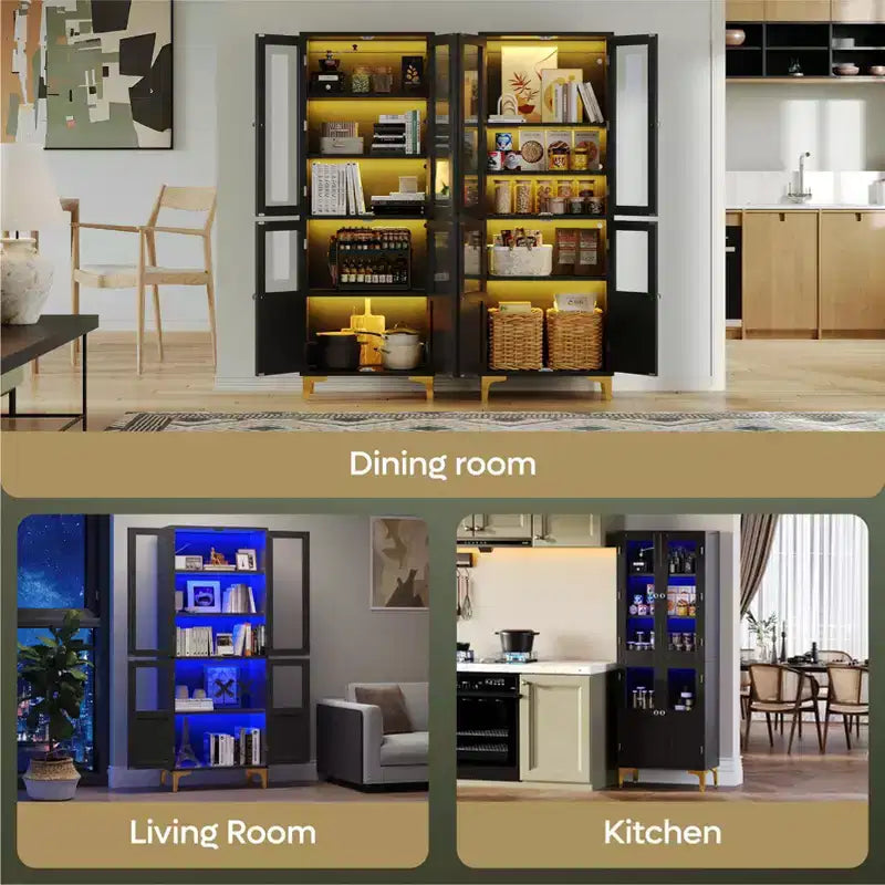 Bestier 65 Armadietto Alto con Ripiani Regolabili, Dispensa a LED con 4 Ante, Vetrine da Cucina e per Esposizione d'Arte per Soggiorno e Camera da Letto