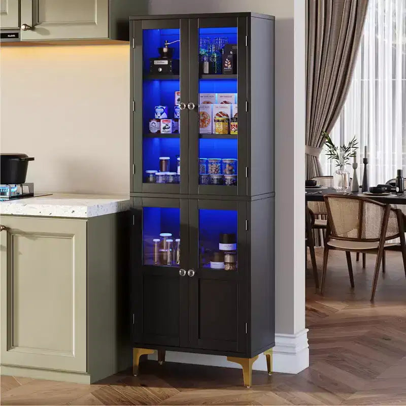 Bestier 65 Armadietto Alto con Ripiani Regolabili, Dispensa a LED con 4 Ante, Vetrine da Cucina e per Esposizione d'Arte per Soggiorno e Camera da Letto