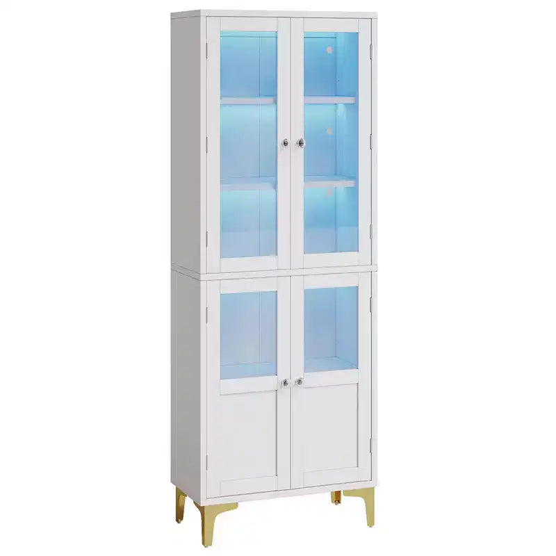 Bestier 65 Armadietto Alto con Ripiani Regolabili, Dispensa a LED con 4 Ante, Vetrine da Cucina e per Esposizione d'Arte per Soggiorno e Camera da Letto