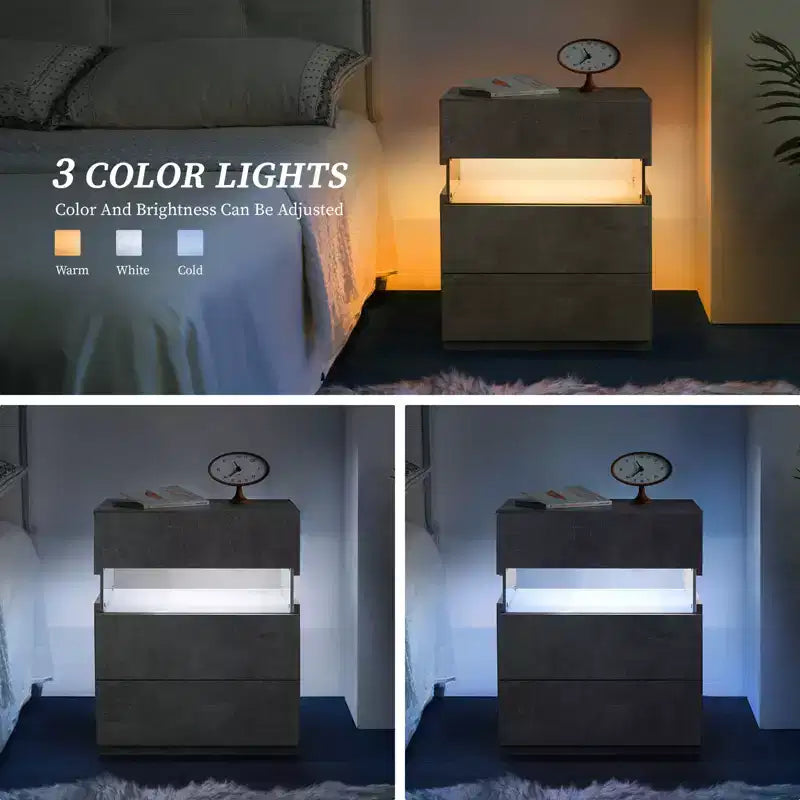 TUYOHW Comodino Moderno a LED con Pannello Acrilico e 3 Cassetti, Tavolini da Notte per Dormitorio, Soggiorno, Camera da Letto