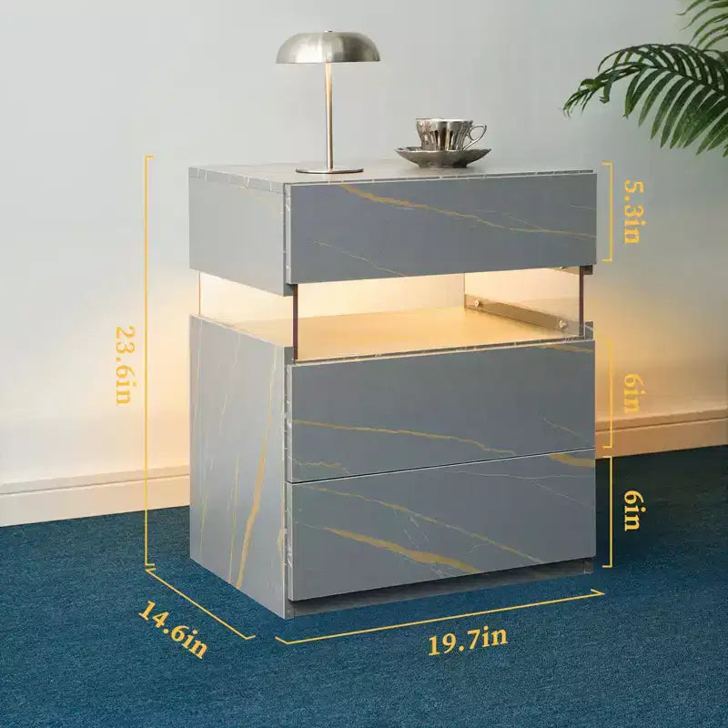 TUYOHW Comodino Moderno a LED con Pannello Acrilico e 3 Cassetti, Tavolini da Notte per Dormitorio, Soggiorno, Camera da Letto