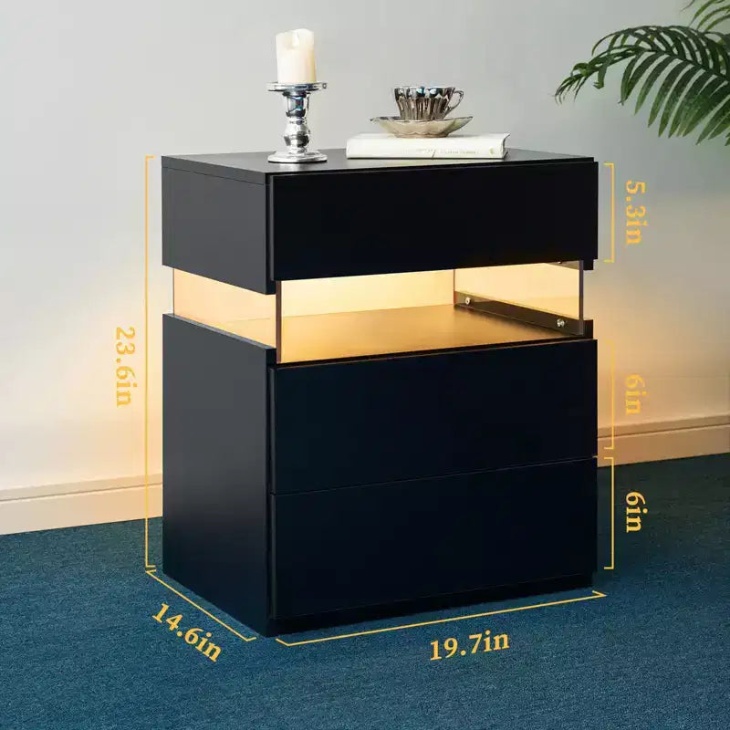 TUYOHW Comodino Moderno a LED con Pannello Acrilico e 3 Cassetti, Tavolini da Notte per Dormitorio, Soggiorno, Camera da Letto