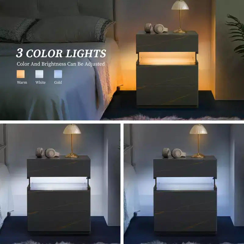 TUYOHW Comodino Moderno a LED con Pannello Acrilico e 3 Cassetti, Tavolini da Notte per Dormitorio, Soggiorno, Camera da Letto