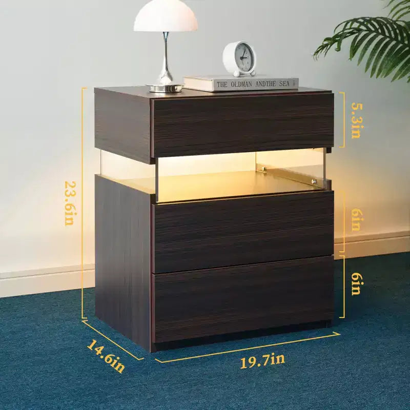 TUYOHW Comodino Moderno a LED con Pannello Acrilico e 3 Cassetti, Tavolini da Notte per Dormitorio, Soggiorno, Camera da Letto